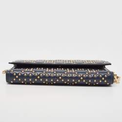 Pre Owned Dior Navy Blue Leather Studded Lady Dior Wallet on Chain