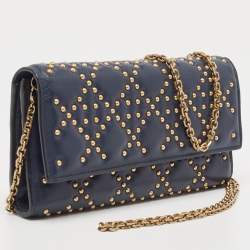 Pre Owned Dior Navy Blue Leather Studded Lady Dior Wallet on Chain