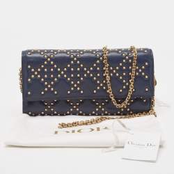Pre Owned Dior Navy Blue Leather Studded Lady Dior Wallet on Chain