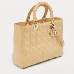 Pre Owned Dior Beige Cannage Patent Leather Large Lady Dior Tote