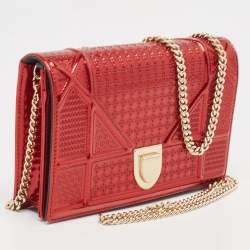 Pre Owned Dior Red Micro Cannage Patent Leather Diorama Wallet On Chain