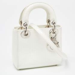 Pre Owned Dior White Microcannage Patent Leather Mini Chain Lady Dior Tote