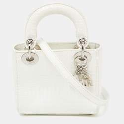 Pre Owned Dior White Microcannage Patent Leather Mini Chain Lady Dior Tote