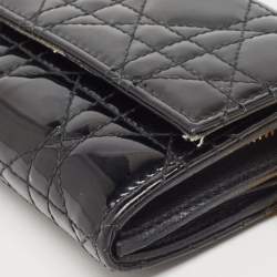 Pre Owned Dior Black Cannage Patent Leather Lady Dior Wallet on Chain
