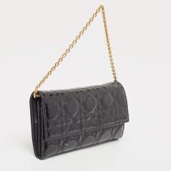 Pre Owned Dior Black Cannage Patent Leather Lady Dior Wallet on Chain