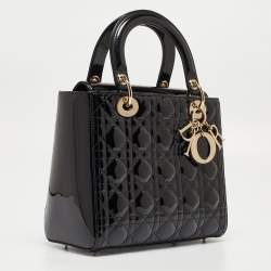 Pre Owned Dior Black Cannage Patent Leather Medium Lady Dior Tote