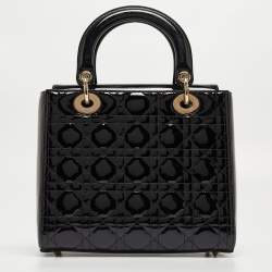 Pre Owned Dior Black Cannage Patent Leather Medium Lady Dior Tote