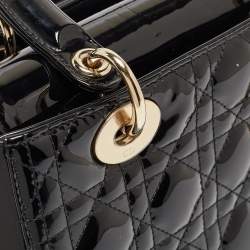 Pre Owned Dior Black Cannage Patent Leather Medium Lady Dior Tote