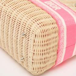 Pre Owned Dior Pink/Natural Wicker and Embroidered Canvas Medium Lady Dior Tote