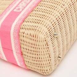 Pre Owned Dior Pink/Natural Wicker and Embroidered Canvas Medium Lady Dior Tote