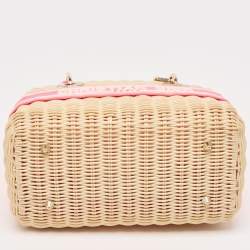 Pre Owned Dior Pink/Natural Wicker and Embroidered Canvas Medium Lady Dior Tote