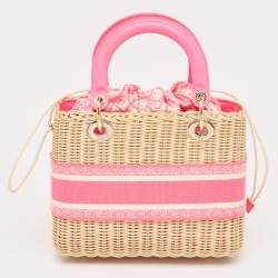 Pre Owned Dior Pink/Natural Wicker and Embroidered Canvas Medium Lady Dior Tote