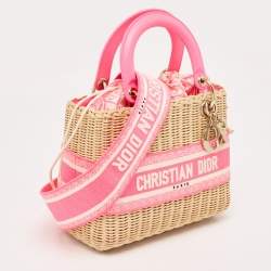 Pre Owned Dior Pink/Natural Wicker and Embroidered Canvas Medium Lady Dior Tote