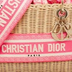 Pre Owned Dior Pink/Natural Wicker and Embroidered Canvas Medium Lady Dior Tote