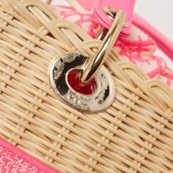 Pre Owned Dior Pink/Natural Wicker and Embroidered Canvas Medium Lady Dior Tote