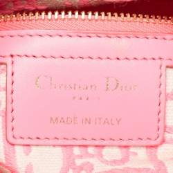 Pre Owned Dior Pink/Natural Wicker and Embroidered Canvas Medium Lady Dior Tote