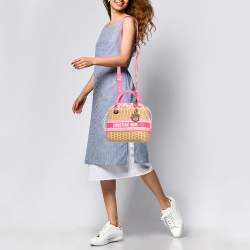 Pre Owned Dior Pink/Natural Wicker and Embroidered Canvas Medium Lady Dior Tote