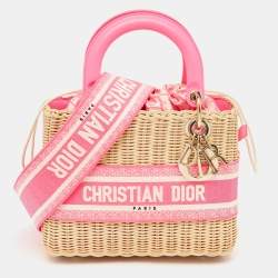 Pre Owned Dior Pink/Natural Wicker and Embroidered Canvas Medium Lady Dior Tote