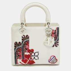 Dior White Leather Medium Sequin and Embroidered Lady Dior Tote