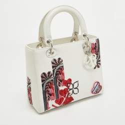 Dior White Leather Medium Sequin and Embroidered Lady Dior Tote