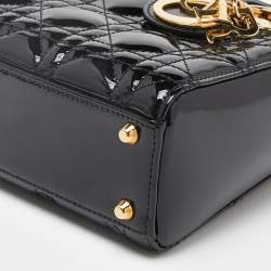 Pre Owned Dior Black Cannage Patent Leather Mini Lady Dior Tote