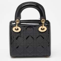 Pre Owned Dior Black Cannage Patent Leather Mini Lady Dior Tote