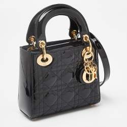 Pre Owned Dior Black Cannage Patent Leather Mini Lady Dior Tote