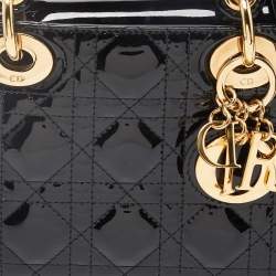Pre Owned Dior Black Cannage Patent Leather Mini Lady Dior Tote