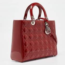 Pre Owned Dior Red Cannage Patent Leather Large Lady Dior Tote
