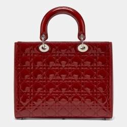Pre Owned Dior Red Cannage Patent Leather Large Lady Dior Tote