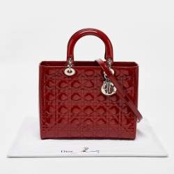 Pre Owned Dior Red Cannage Patent Leather Large Lady Dior Tote