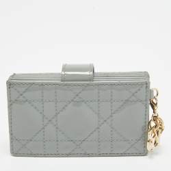 Pre Owned Dior Grey Cannage Patent Leather Lady Dior 5 Gusset Card Holder