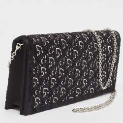 Dior Black Oblique Satin Lady Dior Crystals Chain Clutch