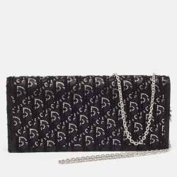 Dior Black Oblique Satin Lady Dior Crystals Chain Clutch