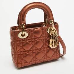 Pre Owned Dior Bronze Cannage Leather Mini Lady Dior Tote