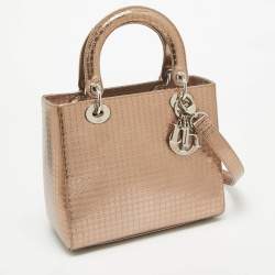 Pre Owned Dior Metallic Microcannage Patent Leather Medium Lady Dior Tote