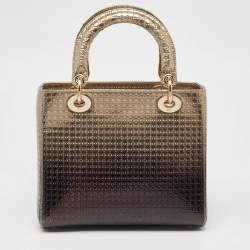 Pre Owned Dior Ombre Gold Micro Cannage Patent Leather Medium Lady Dior Tote