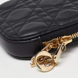 Pre Owned Dior Black Cannage Leather Lady Dior Chain Phone Holder Crossbody Bag