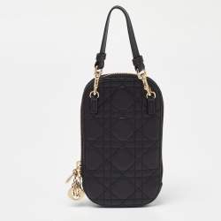 Pre Owned Dior Black Cannage Leather Lady Dior Chain Phone Holder Crossbody Bag
