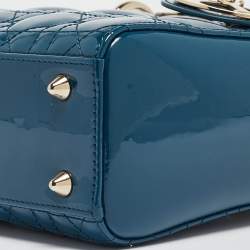 Pre Owned Dior Blue Cannage Patent Leather Small Lady Dior Tote