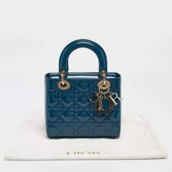 Pre Owned Dior Blue Cannage Patent Leather Small Lady Dior Tote