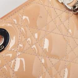 Pre Owned Dior Beige Cannage Patent Leather Mini Lady Dior Tote