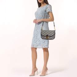 Pre Owned Dior Blue Oblique Canvas and Leather CD Logo Shoulder Bag