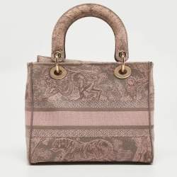 Pre Owned Dior Pink/Grey Embroidered Canvas Medium Lady D-Lite Tote