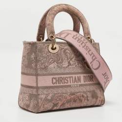 Pre Owned Dior Pink/Grey Embroidered Canvas Medium Lady D-Lite Tote