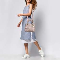 Pre Owned Dior Pink/Grey Embroidered Canvas Medium Lady D-Lite Tote