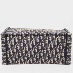 Pre Owned Dior Navy Blue Oblique Embroidered Canvas Medium Book Tote