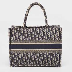 Pre Owned Dior Navy Blue Oblique Embroidered Canvas Medium Book Tote