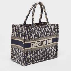 Pre Owned Dior Navy Blue Oblique Embroidered Canvas Medium Book Tote