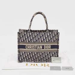 Pre Owned Dior Navy Blue Oblique Embroidered Canvas Medium Book Tote